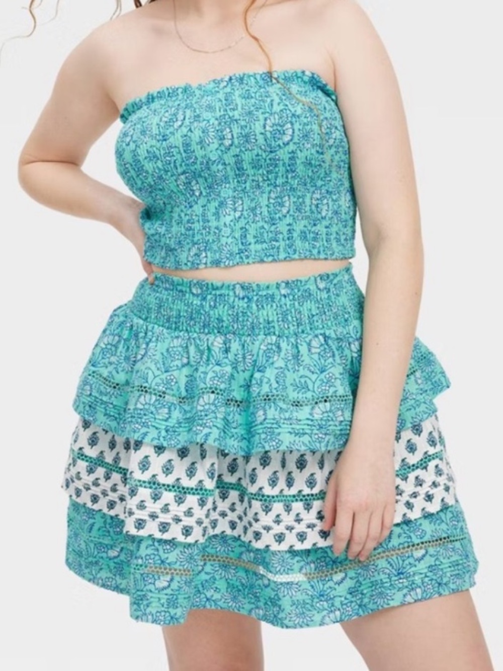 Roller Rabbit Turquoise Blue & White Floral Tiered Mini Skirt & Top Set